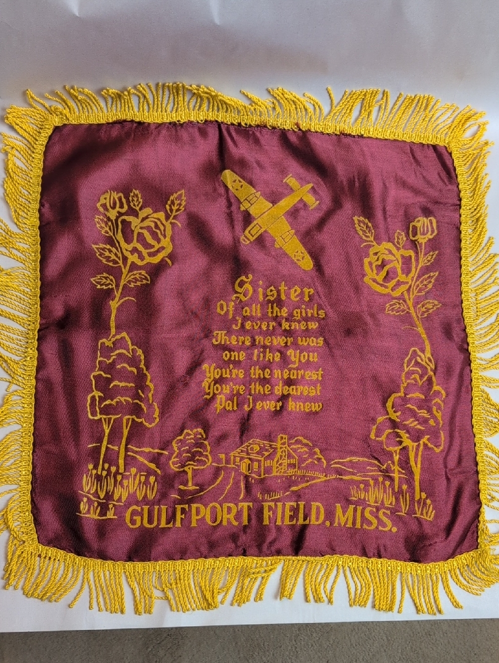 Gulfport Field Miss WWII US Army Air Force Souvenir Sister Pillow Cover Vintage